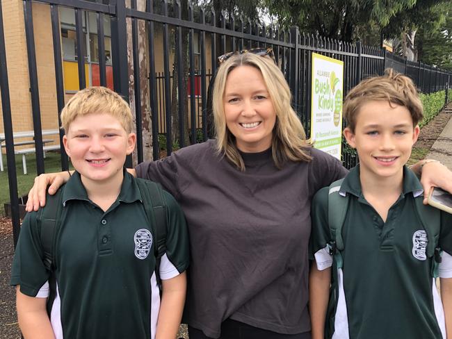 Amy Thackeray, of Allambie Heights, with pupils. Archie Sinclare, 11 and Connor Merry, 10, outside Allambie Heights Public School.