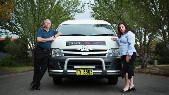 Things are so bad in the bus business that Sydneysiders Craig and Marie Hartley can’t even sell their vehicles. Picture: News Corp Australia