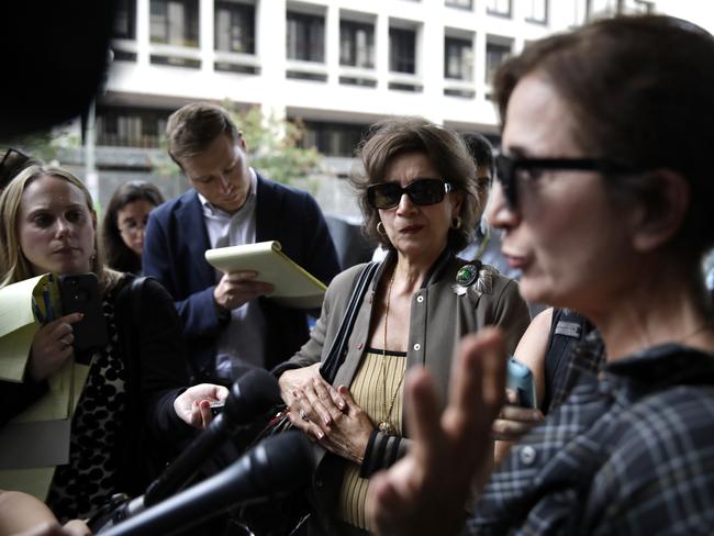 Kiki Papadopoulos, right, mother of former Donald Trump presidential campaign foreign policy adviser George Papadopoulos, talks to reporters as her sister Maria Stamatopoulos, second from right, watches outside the federal court. Picture: AP