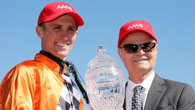 Tye Angland and David Payne after Ace High’s win in the 2017 Victoria Derby. Picture: Getty Images 