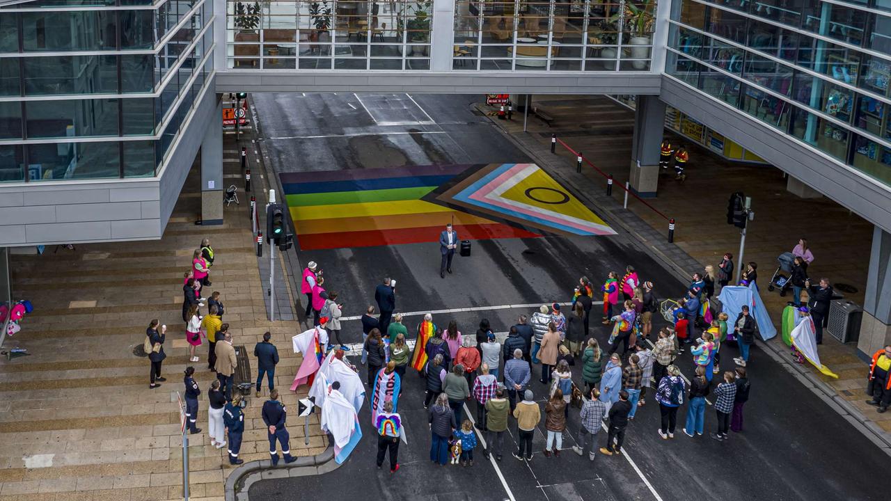 Geelong’s deputy mayor Anthony Aitken addresses the gathering at the unveiling of the Rainbow Crossing in Yarra St in December 2023. Picture: City of Greater Geelong.