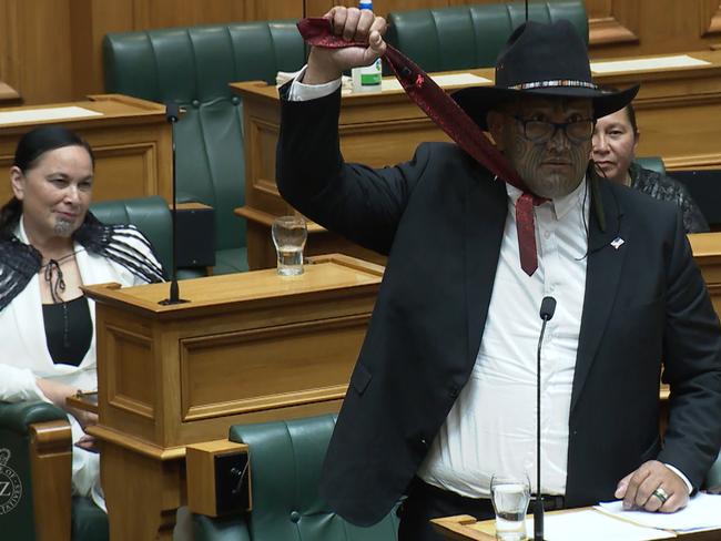 Co-leader of New Zealand's Maori party Rawiri Waititi was ejected from parliament on February 9 for refusing to wear a necktie. Picture: TVNZ