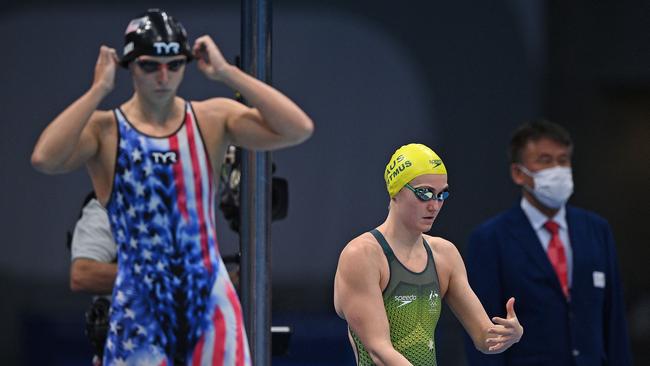 The USA’s Katie Ledecky (left) and Australia’s Ariarne Titmus renew their rivalry in the women’s 800m freestyle final today. Picture: AFP