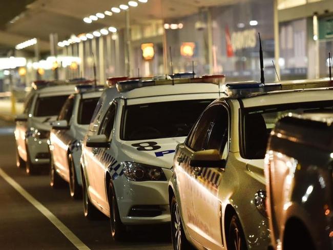 Police cars lined up at Melbourne Airport. Picture: Rob Leeson