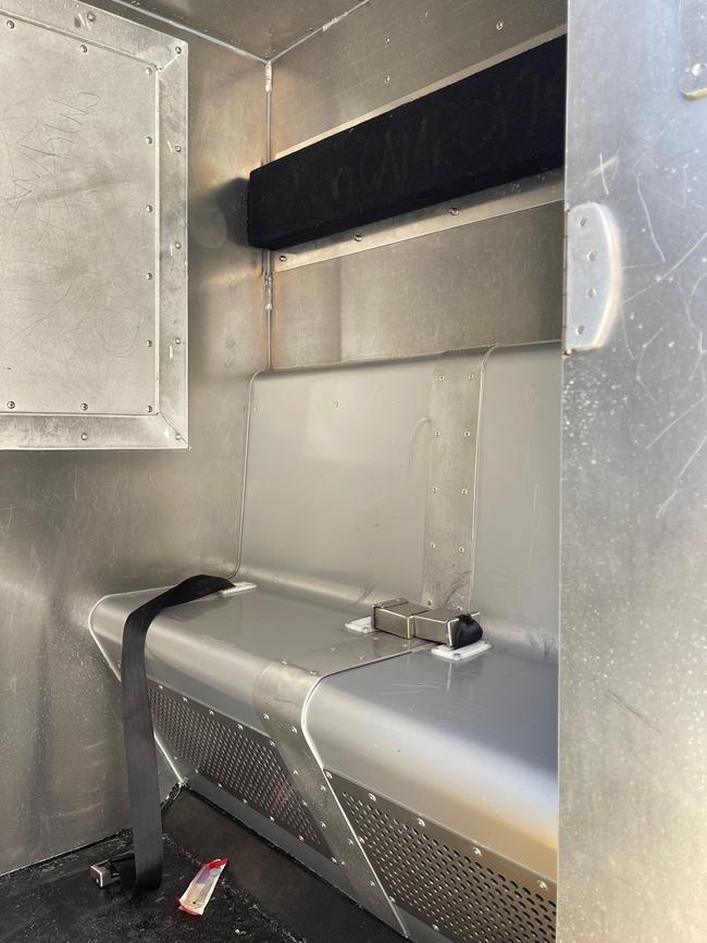 Inside one of the pods of a prison van, also called a court escort vehicle, similar to that which carried Jason Paul Hawkins and another inmate.