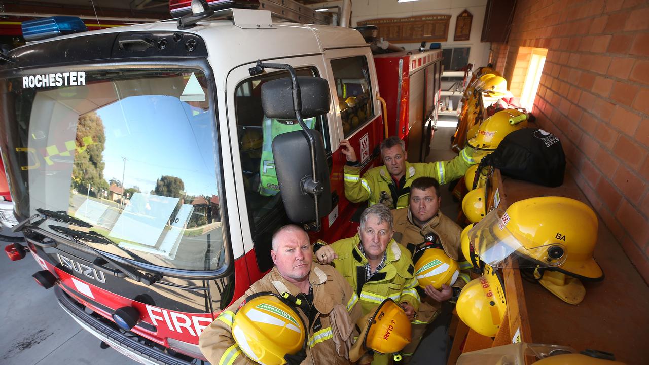 Rochester CFA 1st Lieutenant Brett Kyne, 2nd Lieutenant Luke Weymouth, firefighter Chris Nisbet, and firefighter John Clark. Picture: Yuri Kouzmin