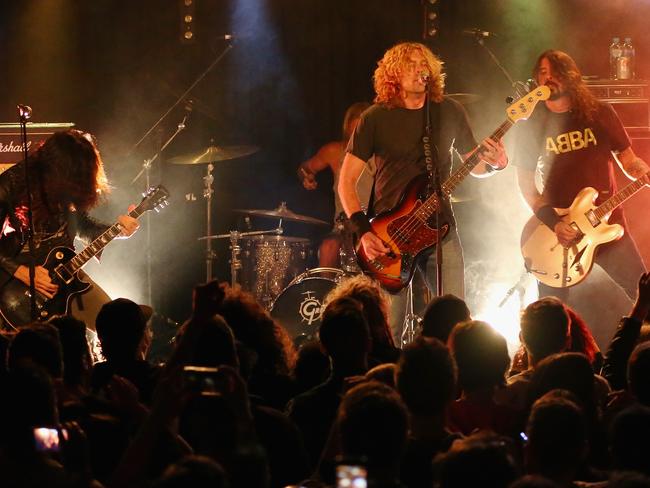 Dave Grohl (r) performs with Chevy Metal at Sydney’s Oxford Arts Factory. Picture: Getty