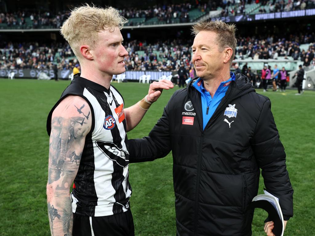 John and David Noble when they were at Collingwood and North Melbourne respectively. Picture: Michael Klein