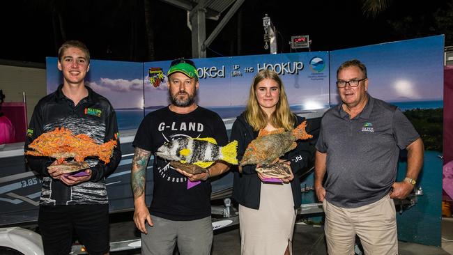 Boyne Tannum Hookup category winners. Junior Angler, Harrison McGuire, Senior Angler, Jaison Guljas and Female winner Graci Dean with GADPL CEO Gus Stedman.