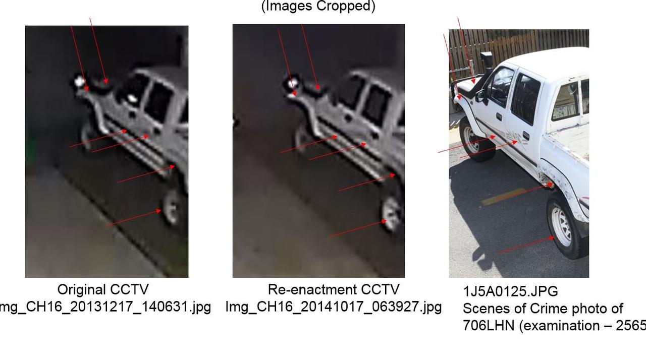 Images show the original footage, re-enactment, and scenes of crime photos of a 706LHN 1994 Toyota Hilux compiled for the inquest into Shandee Blackburn's death.