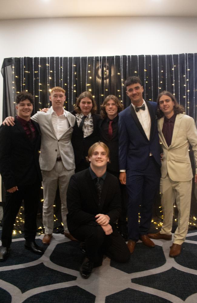 Jack Robinson, Felix Casper, Zane Green, Jack Keleher, Liam Carter and Hana LeCompte at the Maroochydore State High School formal 2023.