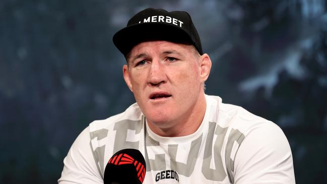 SYDNEY, AUSTRALIA - APRIL 19: Paul Gallen speaks during the King of the Castle press conference at NEP Studios on April 19, 2022 in Sydney, Australia. (Photo by Brendon Thorne/Getty Images)