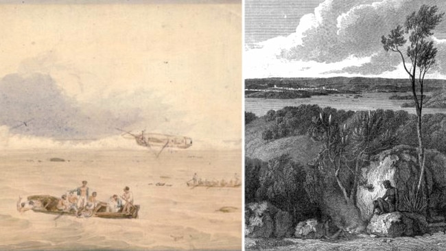 An 1803 drawing of the wreck of the Porpoise on the Great Barrier Reef and, right, a drawing of Port Jackson made during Flinders’ circumnavigation.