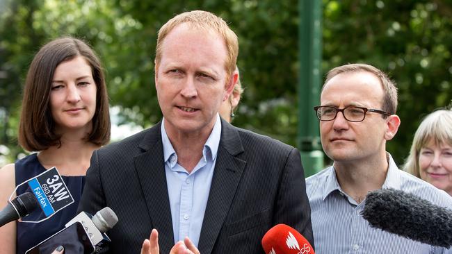 Then Victorian Greens leader Greg Barber speaks at a press conference in 2014. Picture: Mark Dadswell