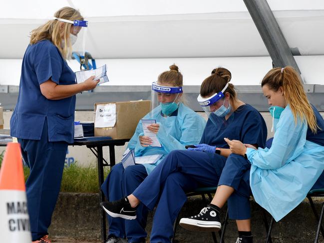 Health workers at a COVID-19 drive through testing clinic at Bondi Beach, Sydney. Picture: NCA NewsWire/Bianca De Marchi