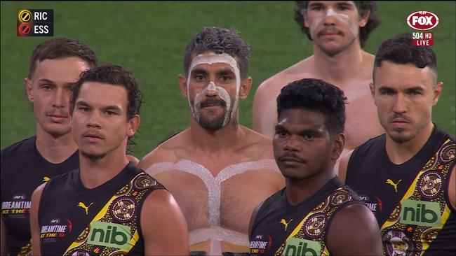 Marlion Pickett was in the middle of the war dance. Photo: Fox Footy.