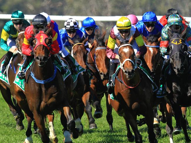 Loving home ridden by Tye Angland  (yellow cap, maroon with yellow armbands) wins race 1 during Scone  Races located in the Upper Hunter Region of NSW. The Bend . Pic Jenny Evans
