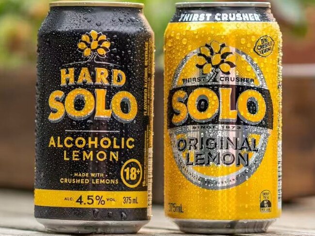 An alcoholic Hard Solo next to its namesake, a Solo soft drink.