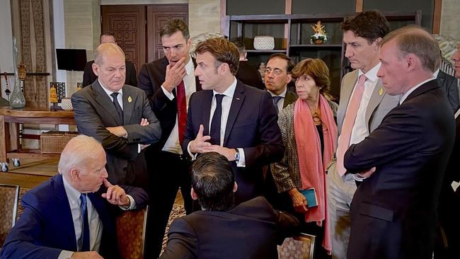 (L-R) US President Joe Biden, German Chancellor Olaf Scholz, Prime Minister of Spain Pedro Sanchez, President of France Emmanuel Macron, UK Prime Minister Rishi Sunak, and Prime Minister of Canada Justin Trudeau, meet for consultations following the impact of a missile in Poland, on the sidelines of the G20 summit.