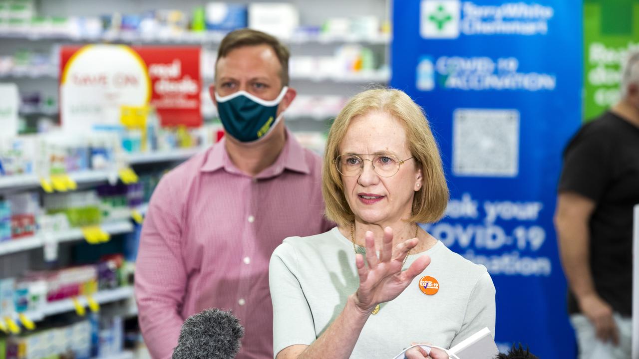 Deputy Premier Steven Miles and Chief Health Officer Dr Jeannette Young visit Terry White Chemist, at Arana Hills.