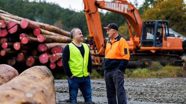 Powelltown Sawmill chief executive Dan Pote with manager and 22-year veteran Steven Bedggood. He said news that the state government will bring forward the end of native timber logging by five years is devastating to the industry. Picture: Aaron Francis/The Australian