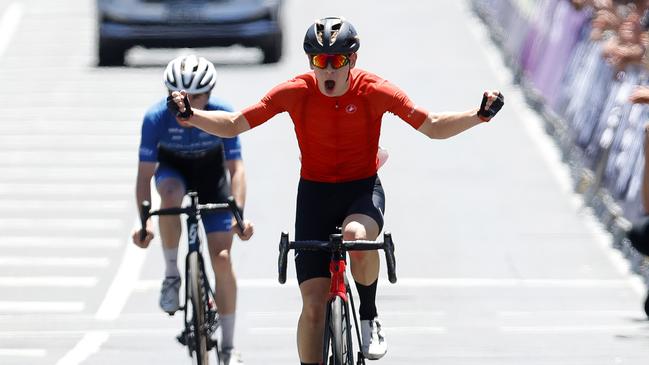 Joshua Cranage is happy after winning the under-19 men’s road race of the Australian National Road Race Championships at Buninyong in Ballarat. Photo by Con Chronis/AusCycling