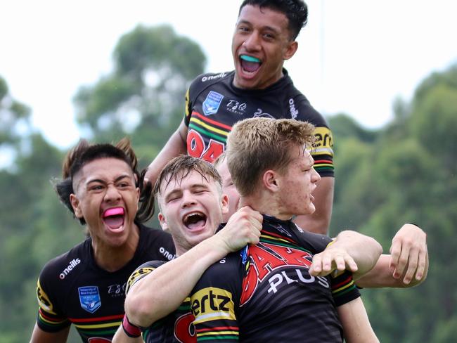 The Panthers celebrate Keagan Russell-Smith’s try against Balmain. Picture: Sam Laurendet/ Penrith Panthers Media