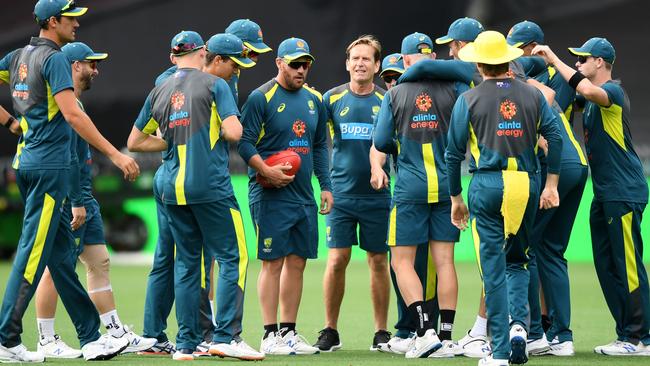 Australian captain Aaron Finch, centre, at the SCG with his team