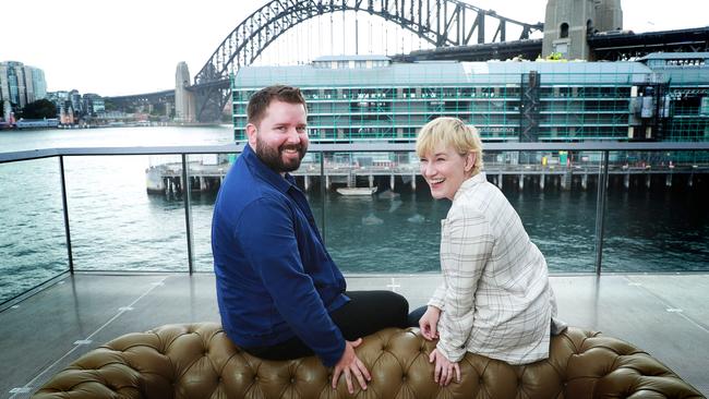 Kip Williams and Kate Mulvany on a new balcony at the Wharf. Picture: John Feder