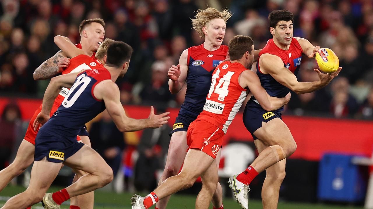 Christian Petracca played out the final against Sydney with a leg fracture. Picture by Michael Klein