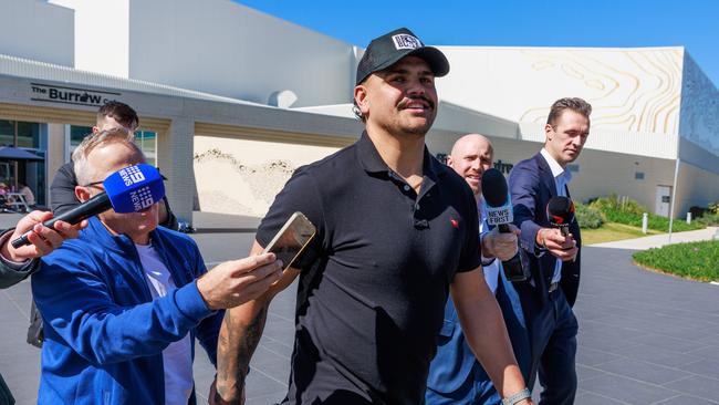 Daily Telegraph. 27, August, 2024.Latrell Mitchell leaves the South Sydney Rabbitohs HQ, at the Heffron Centre, Maroubra, today, after fronting the board over the white powder incidentPicture: Justin Lloyd.