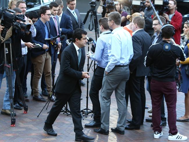 Farce... Senator Dastyari leaves press conference yesterday. Picture: Chris Pavlich