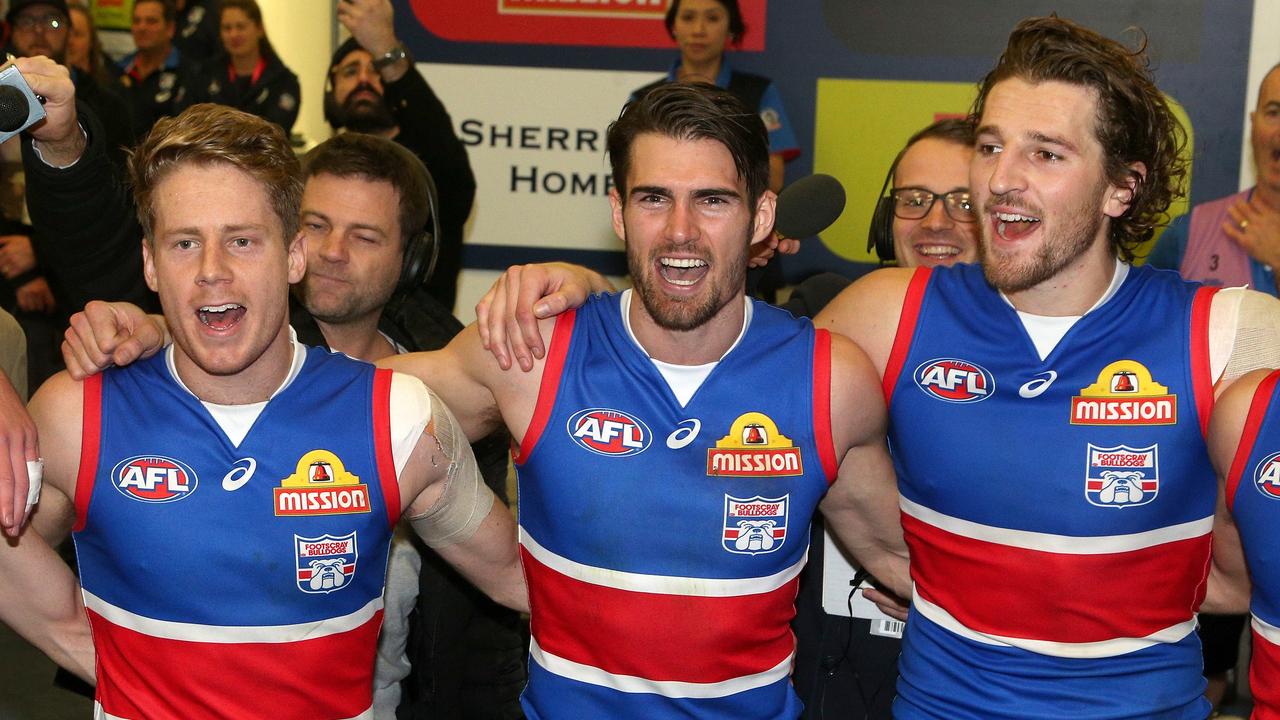 Lachie Hunter, Easton Wood and Marcus Bontempelli last season. (AAP Image/Hamish Blair)