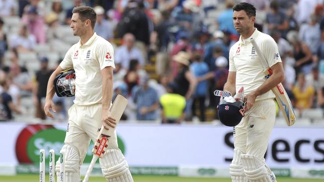 James Anderson still made it out to the middle to bat on the final day. Picture: AP Photo/Rui Vieira