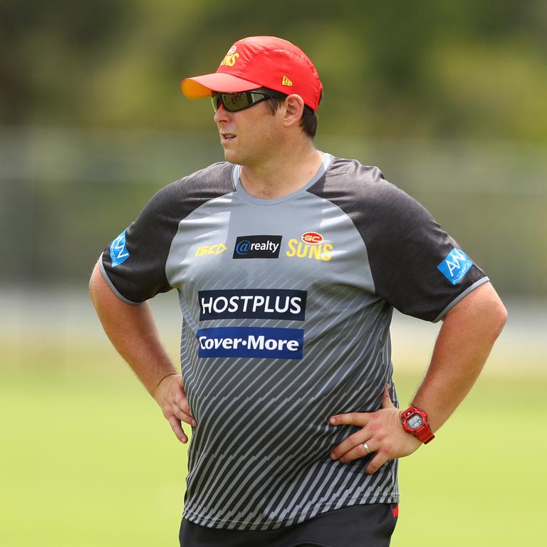 Coach Stuart Dew looks on during a Gold Coast Suns AFL media and training session at Metricon Stadium on November 04, 2019 in Gold Coast, Australia. (Photo by Chris Hyde/Getty Images)