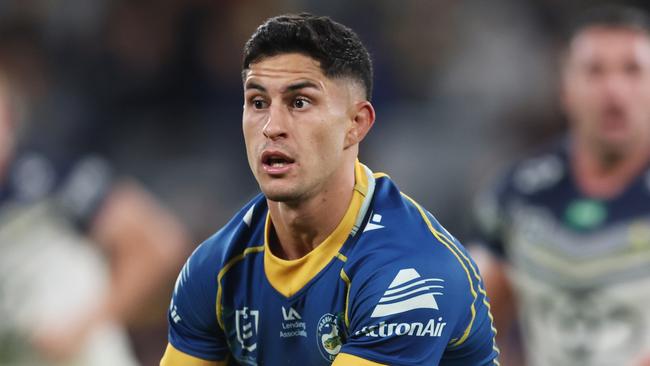 SYDNEY, AUSTRALIA - MAY 26: Dylan Brown of the Eels runs with the ball during the round 13 NRL match between Parramatta Eels and North Queensland Cowboys at CommBank Stadium on May 26, 2023 in Sydney, Australia. (Photo by Mark Metcalfe/Getty Images)