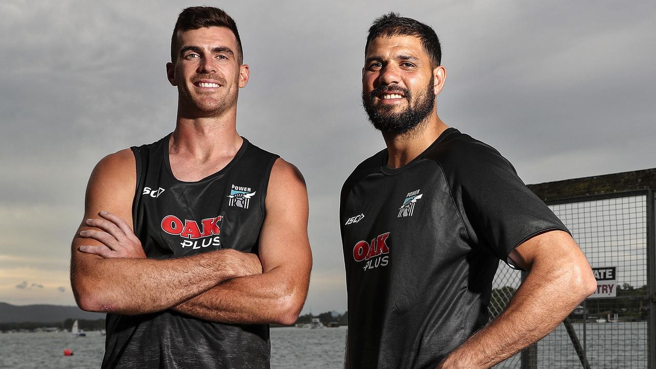 13/12/18 - AFL - Port Adelaide Training camp in Noosa. Scott Lycett and Paddy Ryder. Picture SARAH REED