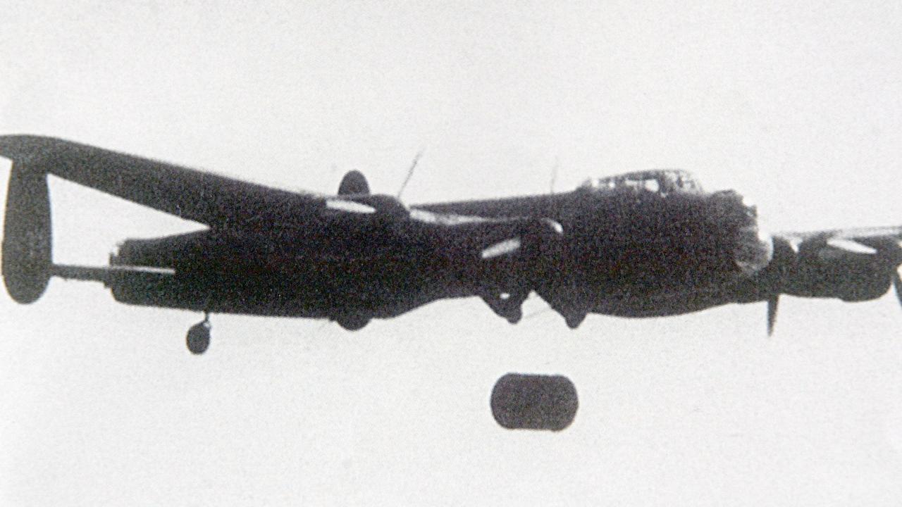 A Lancaster dropping bouncing bomb in practice for the raid.