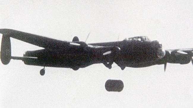 A Lancaster dropping bouncing bomb in practice for the raid.