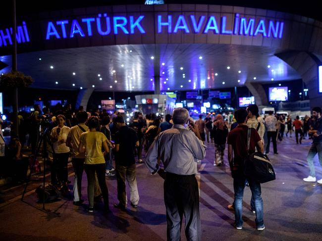 People wait outside the Ataturk airport in Istanbul. Picture: AFP/Ozan Kose