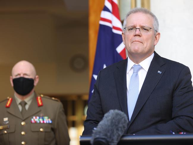 CANBERRA, AUSTRALIA NewsWire Photos AUGUST 05 2021:  Australian Prime Minister Scott Morrison holds a press conference in the Prime MinisterÃ¢â¬â¢s Courtyard at Parliament House in Canberra.Picture: NCA NewsWire / Gary Ramage