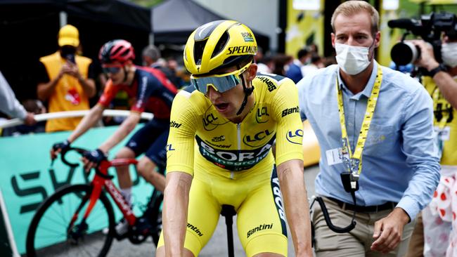 Australia’s Jai Hindley crosses the finish line after stage six of the Tour de France. Picture: Getty Images