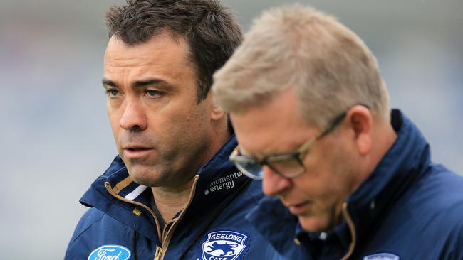 Cats coach Chris Scott and Steve Hocking. Picture: Peter Ristevski