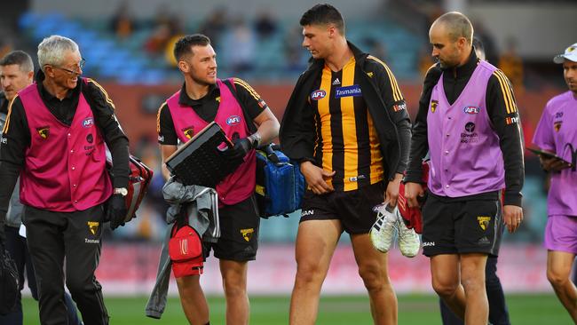 Jonathon Patton leaves the field after suffering the injury. Picture: Getty Images