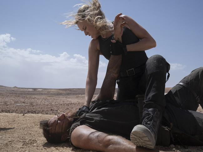 Josh Lawson as Kano and Jessica McNamee as Sonya Blade in Mortal Kombat at Coober Pedy. Picture: Mark Rogers