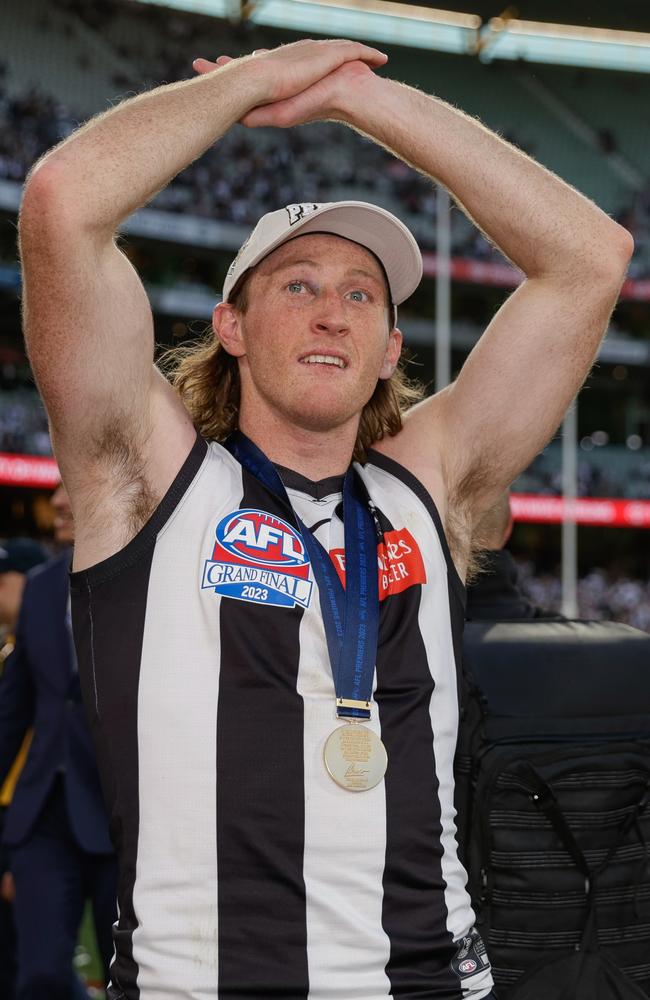 Nathan Murphy celebrates the Pies 2023 premiership – his final game of footy. Picture: Russell Freeman/AFL Photos via Getty Images