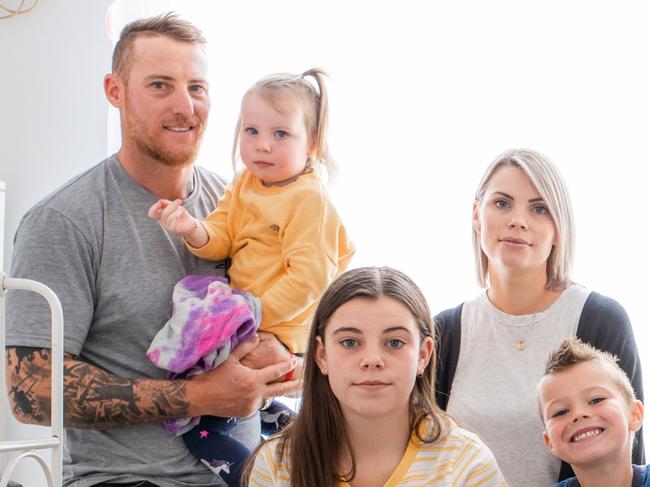 MoneysaverHQ cover on fractional property investing, Jesse Cole and wife Chelsea and their children Wynter, 2, Knox, 5 (blue top) and Savannah, 11 (blue jeans) from Brookfield in Victoria. Source: Supplied.