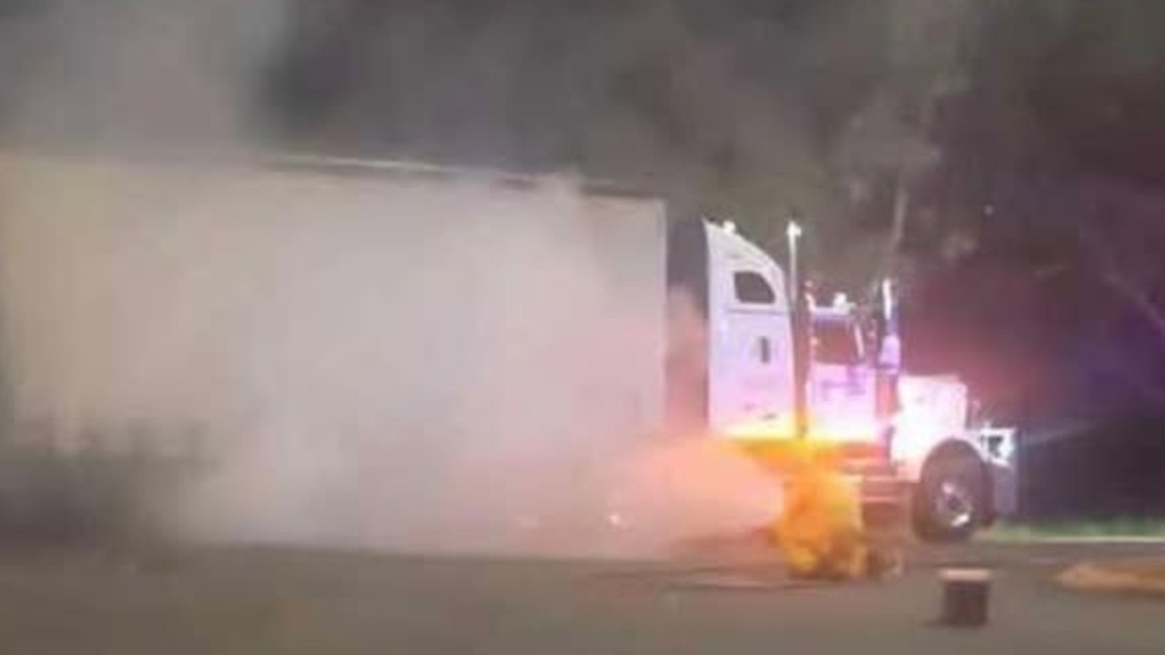 Truck tyres pop in road train fire in Alice Springs