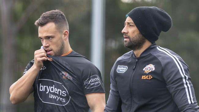 Luke Brooks and Benji Marshall during a Wests Tigers NRL training session at St Lukes Park North in Sydney, Tuesday, June 2, 2020. (AAP Image/Craig Golding) NO ARCHIVING