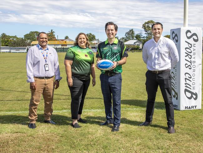 (L to R) Galangoor Duwalami CEO Steve Ober, Rugby League Fraser Coast President Toni Worthington, Fraser Coast Mayor George Seymour, and Wynnum Manly Seagulls CEO Hanan Laban.